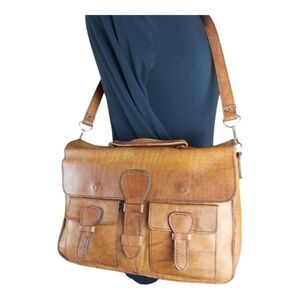 Vintage Ultra Distress Messenger Briefcase School Bag Tan Leather Crossbody